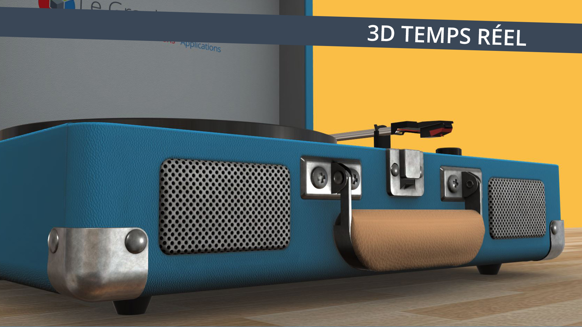 Application 3D temps réel - Gros plan tourne-disque bleu sur fond jaune - Le Graphiste 3D