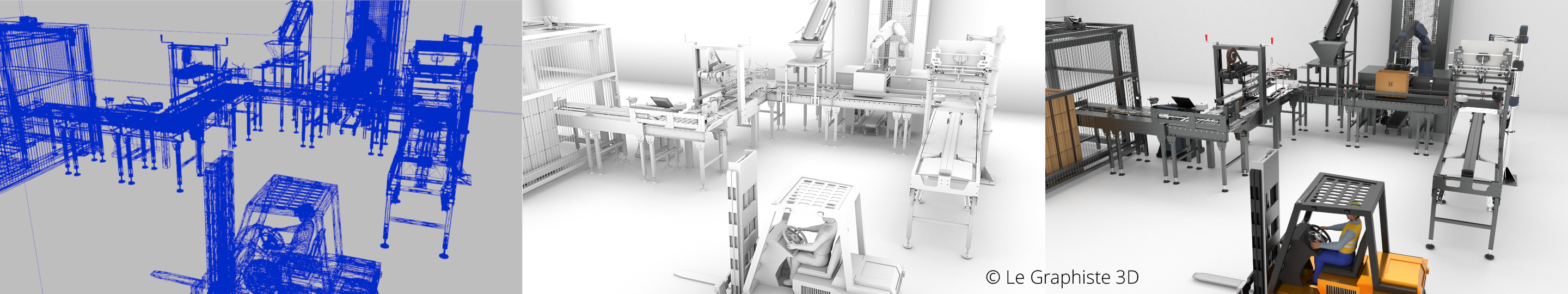 Présentation de la même image sous trois formes : le maillage, les ombres et le rendu définitif Animation 3D - maillage wireframe - ambiant occlusion - rendu