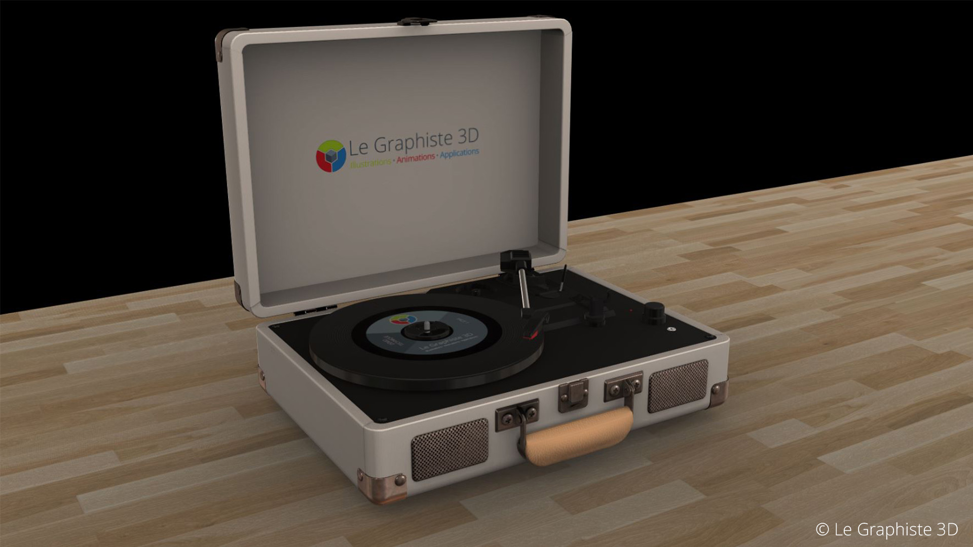 Application 3D temps réel - Tourne-disque beige sur fond noir - Le Graphiste 3D