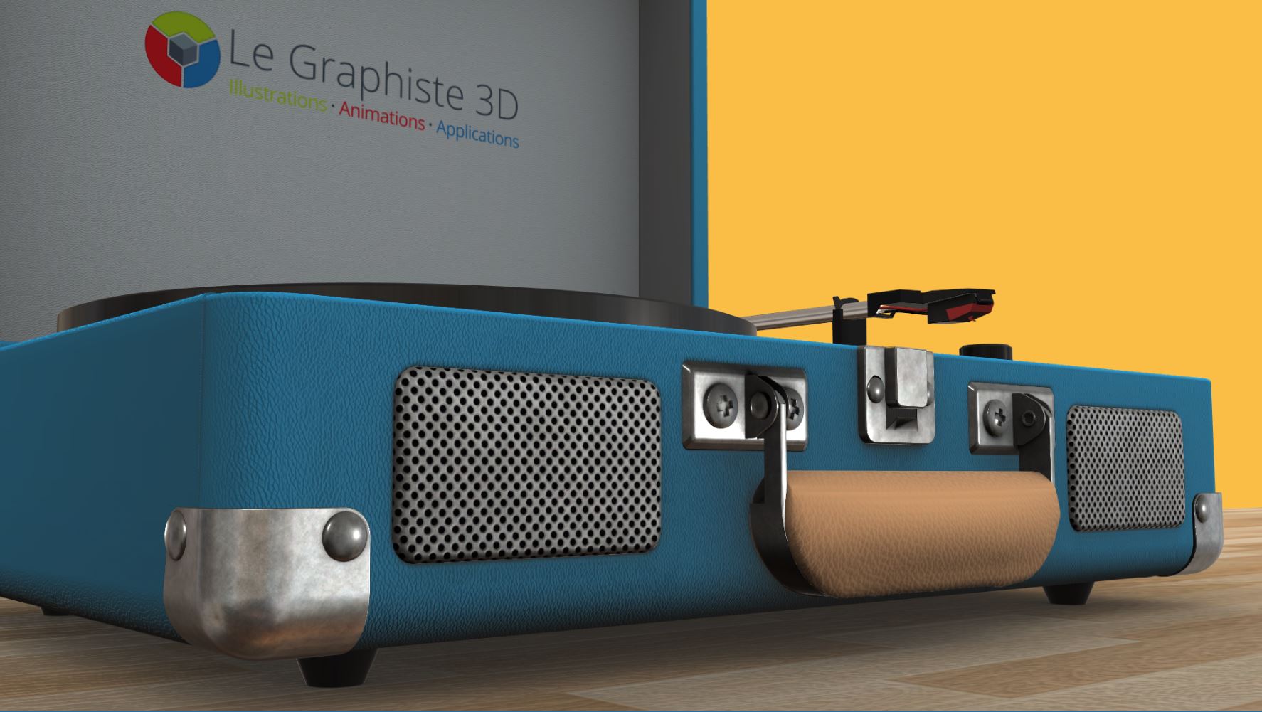 Application 3D temps réel - tourne-disque bleu sur fond jaune - Le Graphiste 3D