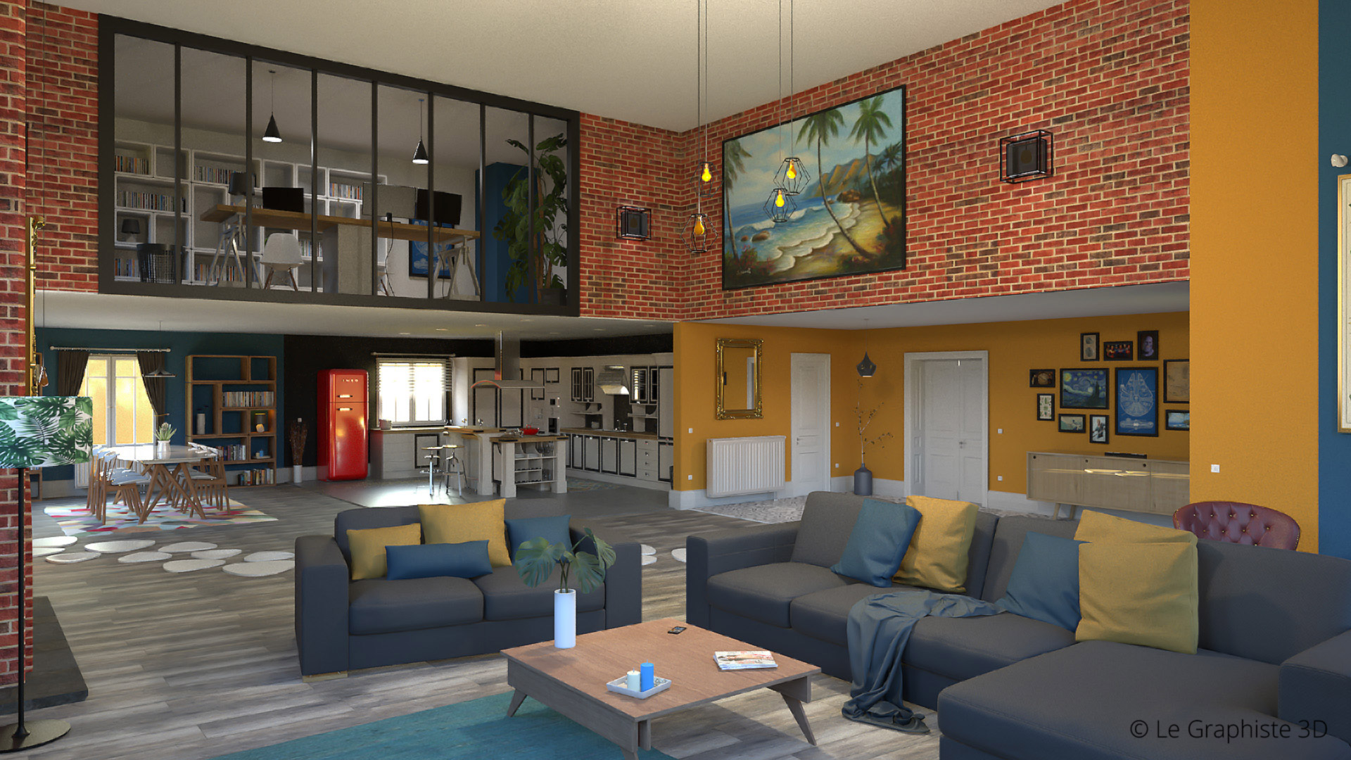 Illustration 3D - loft - salon - Le Graphiste 3D