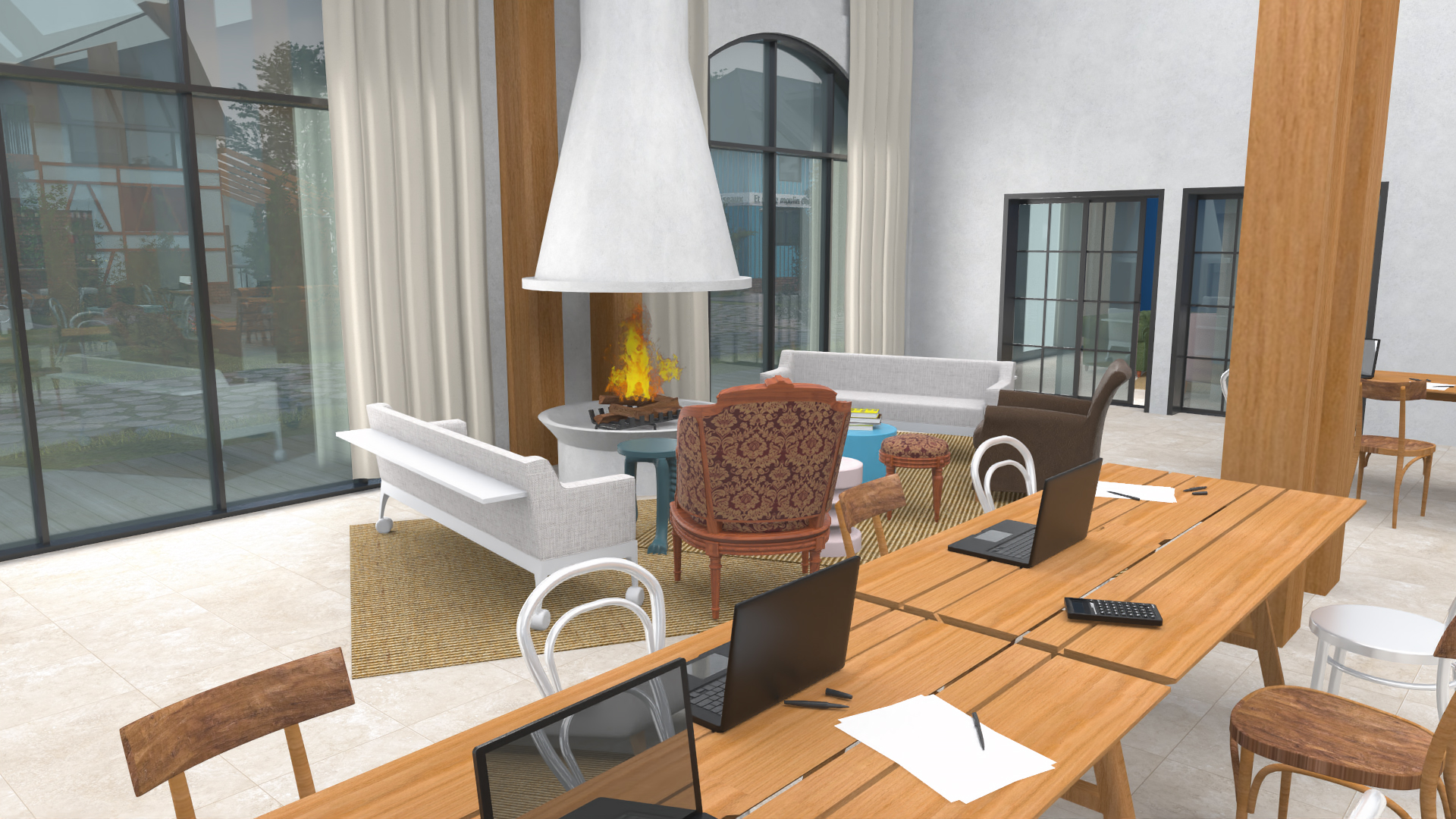 Visite virtuelle - vue intérieure d'une salle de réception avec cheminée